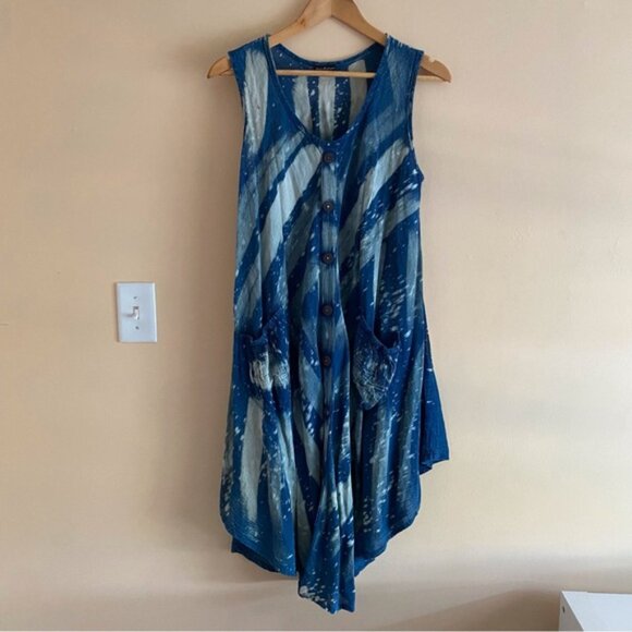 Shiva Fashions Blue Tie-Dye Sleeveless Swing Dress One Size Pocket Boho Festival - Picture 11 of 11